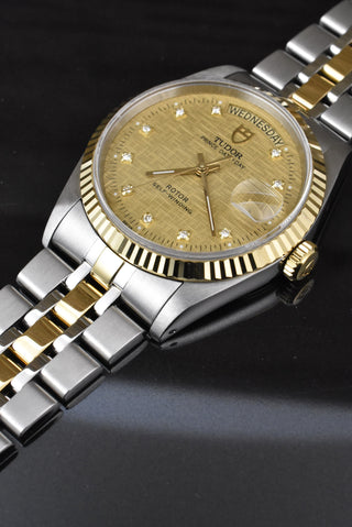 Tudor Prince Date Day 76213 Gold Linen Diamond Dial Automatik